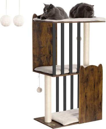 Сучасний котячий комплекс FourFurPets, 111 см, 3 рівні, 2 стовпи з сизалю, 3 великі платформи, вінтажно-коричневий