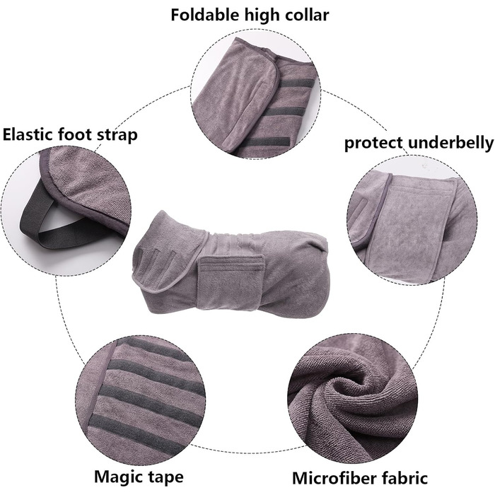 Рушник для собак та котів Geyecete з мікрофібри, швидковисихаючий, з липучкою, дуже поглинаючий, сірий, L