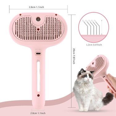 3-в-1 Парова щітка для котів та собак - видалення шерсті, гребінець з функцією швидкого вивільнення & водяний спрей, щітка для боротьби з випаданням шерсті, для довгої та короткої шерсті (Рожевий)