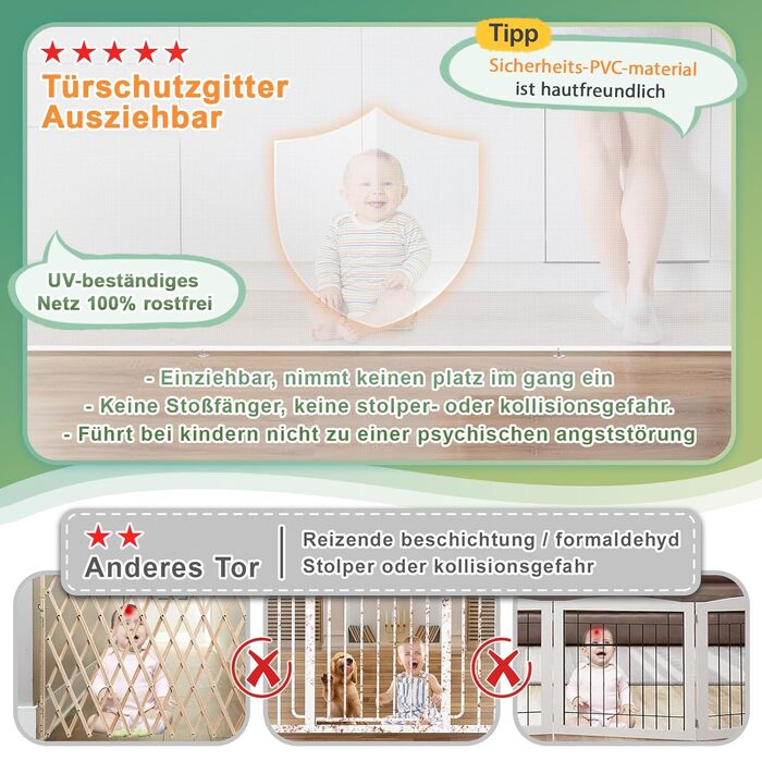 Розсувна захисна сітка для дитини та собаки, 400 см, біла. Захист для сходів/коридору/інтер'єру/екстер'єру. Висота 105 см, ширина 300 см.