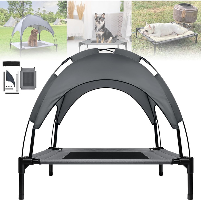 Крісло-ліжко для собак з балдахіном, лежанка для котів та собак, вуличне, для домашніх тварин, софа для собак, місце для сну, підняте, дихаюче, з тканини тафтової, до 40 кг (M, 76x61x76 см)