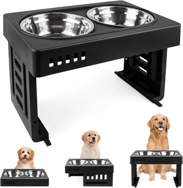 Підвищений годівниця для собак та котів 2-в-1, 4 регульовані висоти, підставка Anti-Slip з нержавіючою чашею, чорний (44 x 27,5 x 7 см)