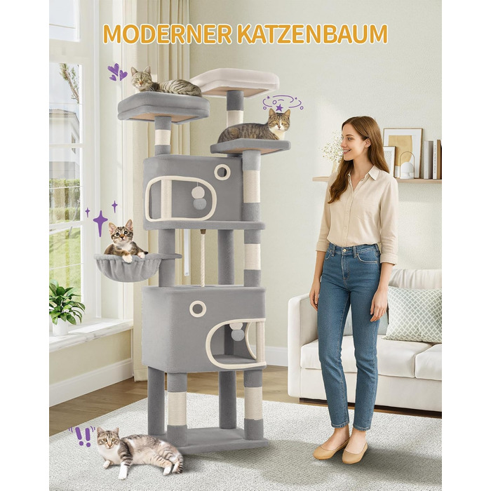 Кігтеточка для котів Hzuaneri, 159 см, з 8 стовпчиками, 3 платформами, 2 ховалами, корзиною, плюшевими кульками, мотузкою з сизалю, підходить для котів різних розмірів, MS15918LG (XL, світло-сірий)