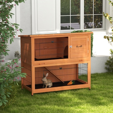 PawHut Wood Rabbit Hutch 2-поверхова будиночок для дрібних тварин з піддонами та пандусом, відкритий вольєр, асфальтовий дах для 2 кроликів Помаранчевий