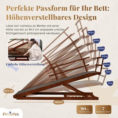 Східці для собак до ліжка з поручнями - для великих собак до 90 кг - регульована висота до 94.5 см - ширина 49,5 см - складані - антиковзні ручки - береза - натуральний колір (волоський горіх)