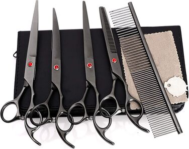 Набір професійних ножиць для грумінгу собак, ножиці для догляду за шерстю, нержавіюча сталь, з ножицями для фінальної обробки, для всіх порід собак та котів (чорний, 20.3 см)