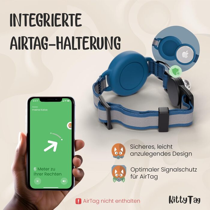 Нашийник для котів KittyTag з аксесуарами, сумісний з Apple Airtag, світловідбиваючий та світосвітний, GPS, захист від задушення, регульований (темно-синій)