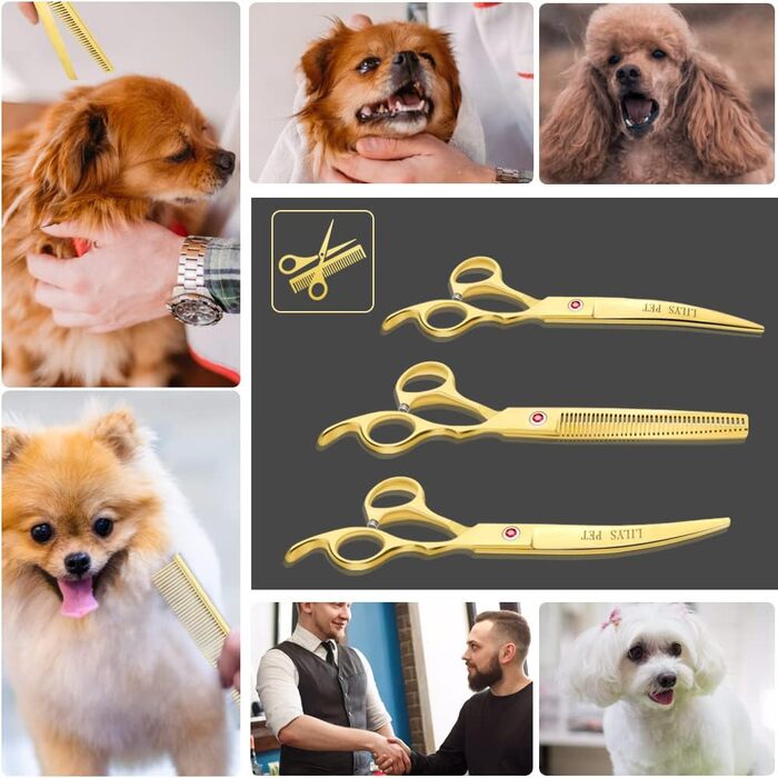 Професійні ножиці для стрижки шерсті собак LILYS PET, титанове покриття, прямі, вигнуті та філірувальні, 19 см, сині
