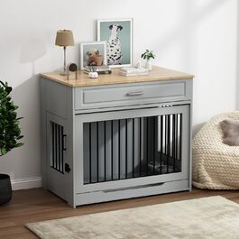 DAWNYIELD Клітка для собак, меблі, дерев'яна з відкидною дверцятами та шухлядою, стиль меблів, внутрішній вольєр для собак, стіл з поворотним миском на 360°, білий колір, біла розсувна дверцята (сіра розсувна дверцята)