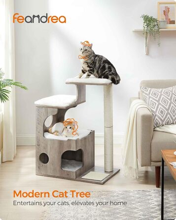 Котячий комплекс Feandrea WoodyWonders UPCT070G01, 86 см, сучасний котячий будинок-турнікет з 3 сидіннями, кігтеточка, мат, будиночок, 4 знімні пральні подушки, сіро-білий