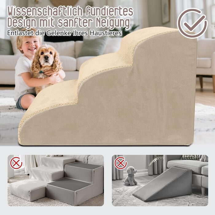 Сходинки для собак, 4 сходинки, знімний поручень, неслизьке покриття, для ліжка та дивану, з високощільним губчастим наповнювачем (3 сходинки, бежевий)