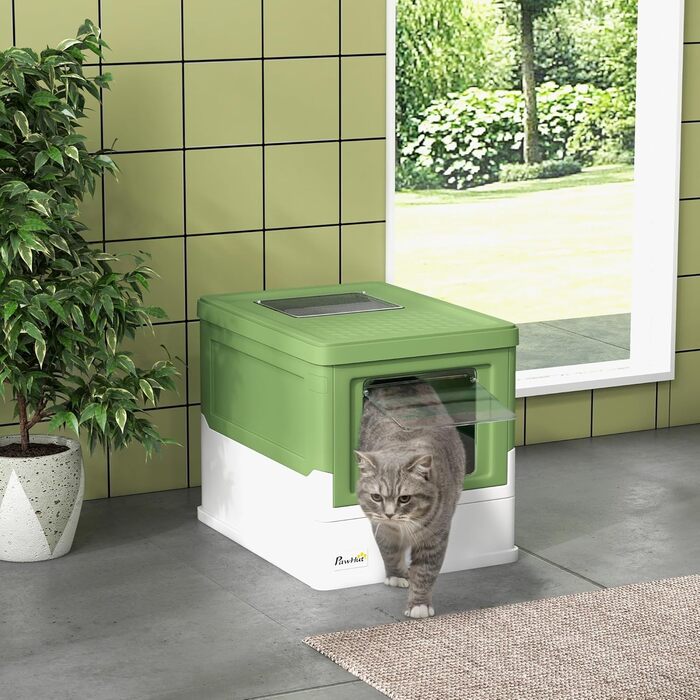 Туалет для котів PawHut з кришкою та лопаткою, пластиковий, дезодоруючий, біло-зелений, 47,5x35,5x36,7 см