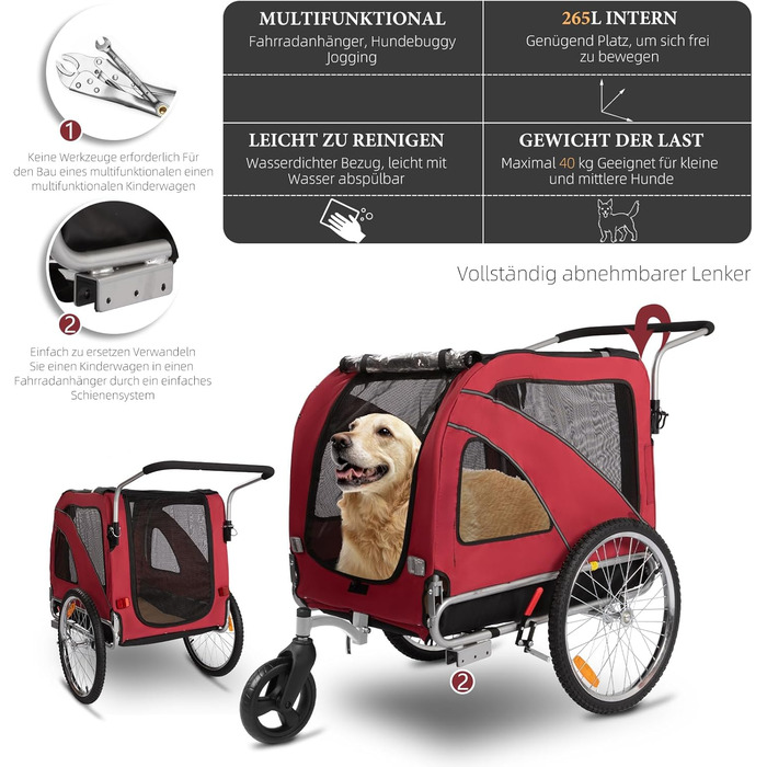 XL велосипедно-біговий перевізник для собак 2-в-1 з гальмом та світловідбивачами, 600D Oxford, до 40 кг (Червоний)