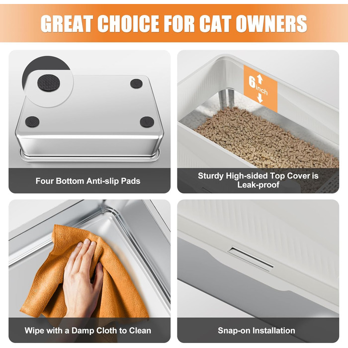 Квітковий горщик Erinaik для котів, нержавіюча сталь, з кришкою, XL, великий, для великих котів, металева, високі бортики (білий)