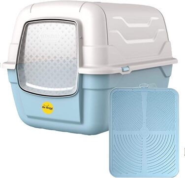 Туалет для котів Cat Centre з кришкою, лотком, дверцятами, шкребком та вугільним фільтром для великих котів, 52 x 40 x 40 см (52 x 40 x 40 см, Синій + Синій килимок)