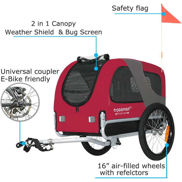 DOGGYHUT® Преміум велопричіп для собак середнього розміру, до 23 кг, складаний, зелений (червоний)
