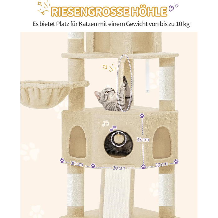 Кігтеточка для котів Hzuaneri, 174 см, XL, 2 платформи, 2 печери, 4 стовпчики, дошка для шліфування кігтів, мотузка з сизалю, плюшеві кульки, для кількох котів, MS17418LG (Бежевий)