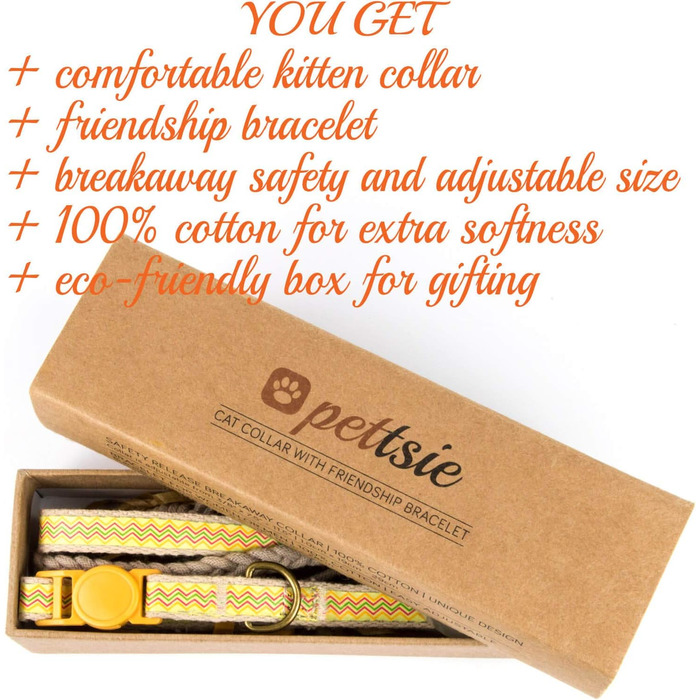 Нашийник для кота Pettsie з безпечною застібкою та браслетом дружби, міцна бавовна, D-подібне кільце для аксесуарів, регульований розмір 19-29 см (12,7 - 20,3 см, жовтий)