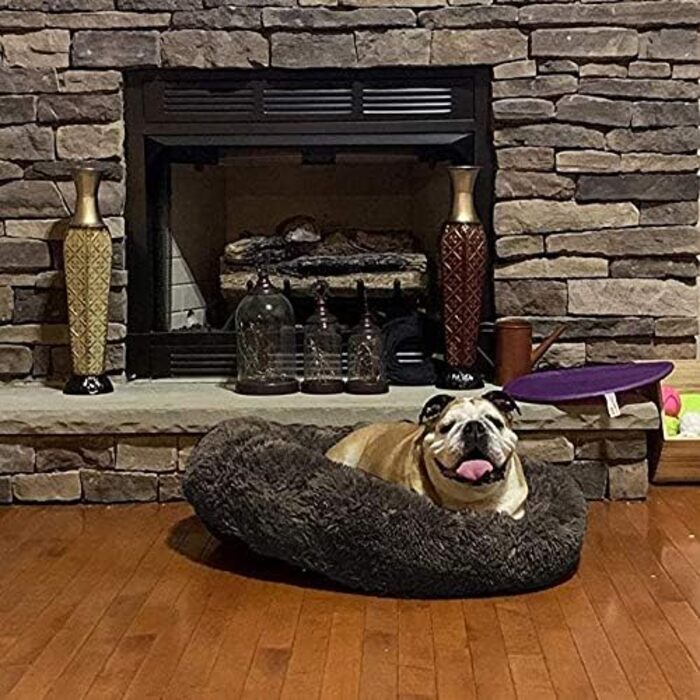 Кругла лежанка для собак та котів, 50 см, м'який плюш, сіра, для маленьких собак та котів, миється