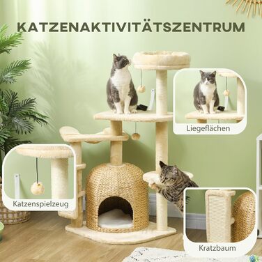 PawHut Котячий комплекс 112 см: будиночок, ліжко, іграшки, стовпи з сизалю, для котів до 5 кг, бежевий