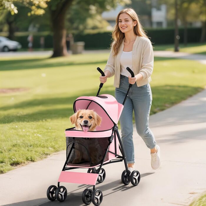 Візок для собак маленьких порід, 4,5-10 кг, візок для цуценят, візок для середніх собак, візок для котів, візок для 2 котів, з багажником, леопардовий принт (рожевий)