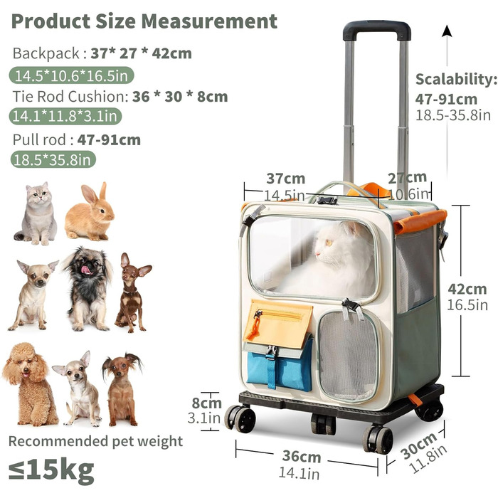 PETCUTE Рюкзак для собак з візком, 2-в-1, рюкзак для котів великих порід з колесами, дихаючий рюкзак-переноска для собак з вийманим килимком, складаний рюкзак для тварин для цуценят Бежевий+Зелений