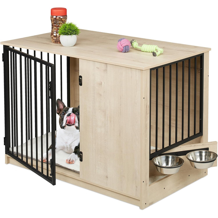 Клітка для собак Relaxdays, сіра/чорна, розмір 65,5x102x60 см, з двома мисками, з дерева, MDF & сталь