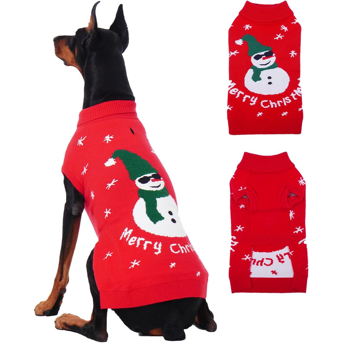 Світер для собак IDOMIK на Новий рік: сніговик та собака, з отвором для шлейки, ростовка 2X-Large, червоний, теплий в'язаний светр для осені та зими
