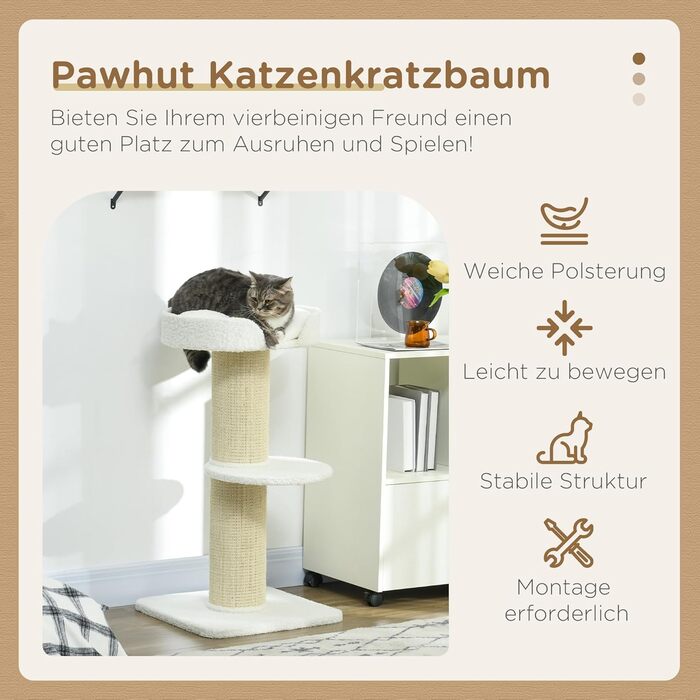 Кігтеточка для котів PawHut, 91 см, з лежаком, ігровою платформою та стовпчиком, для котів до 5 кг, сизаль і штучна овеча шерсть, кремово-біла