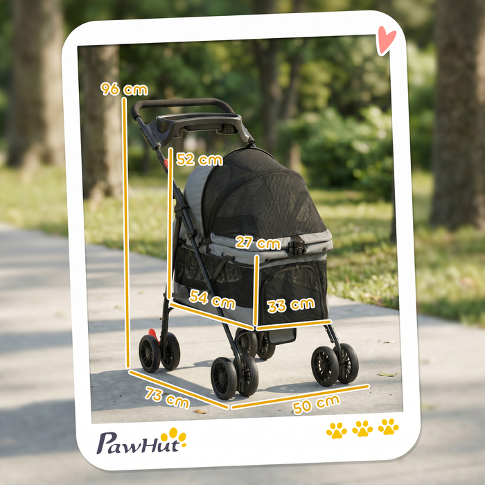 Складаний візок для собак (buggy) з подушкою, сітчастими вікнами та підстаканником, колеса 360°, для малих собак до 10 кг, сірий