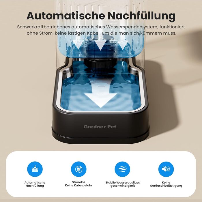 Автоматичний диспенсер води для собак та котів Gardner, годівниця з нержавіючої сталі, велика ємність (8.5л, чорний)