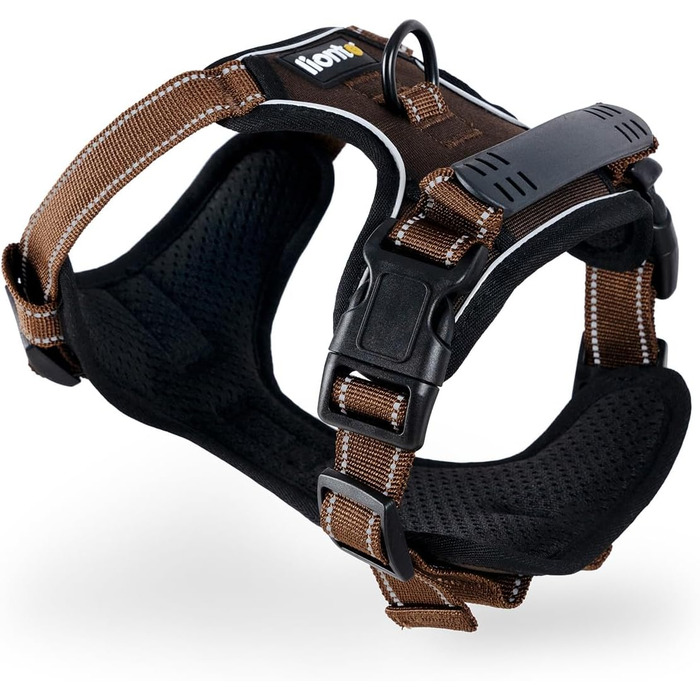 Шлейка для собак Ionto з відбиваючим матеріалом, м'яка, розмір M, коричнева, з двома кільцями та 4 ременями, з фіксаторами та гумовим ручним захопленням