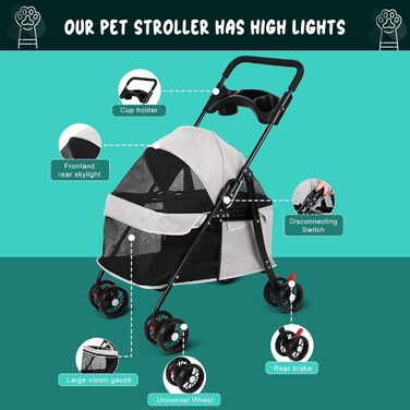 Візок для тварин 4 колеса для собак та котів, складний, з тримачем для напоїв, сітчастим вікном, сірий