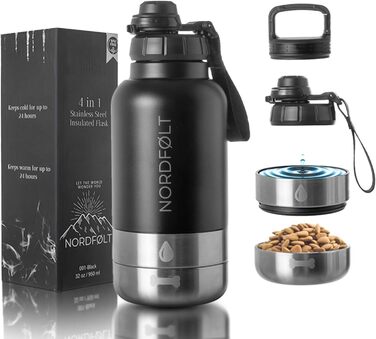 NORDFØLT® Поїлка для собак 4-в-1 з мисками для води та корму, 950 мл, ізотермо-пляшка з нержавіючої сталі, аксесуари для собак, BPA-Free
