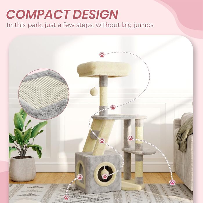 Клітка-когтеточка для котів Dogat 107 см, багатоярусна з когтеточкою, лежаком, будиночком та ігровим м'ячиком (сіра/бежева)