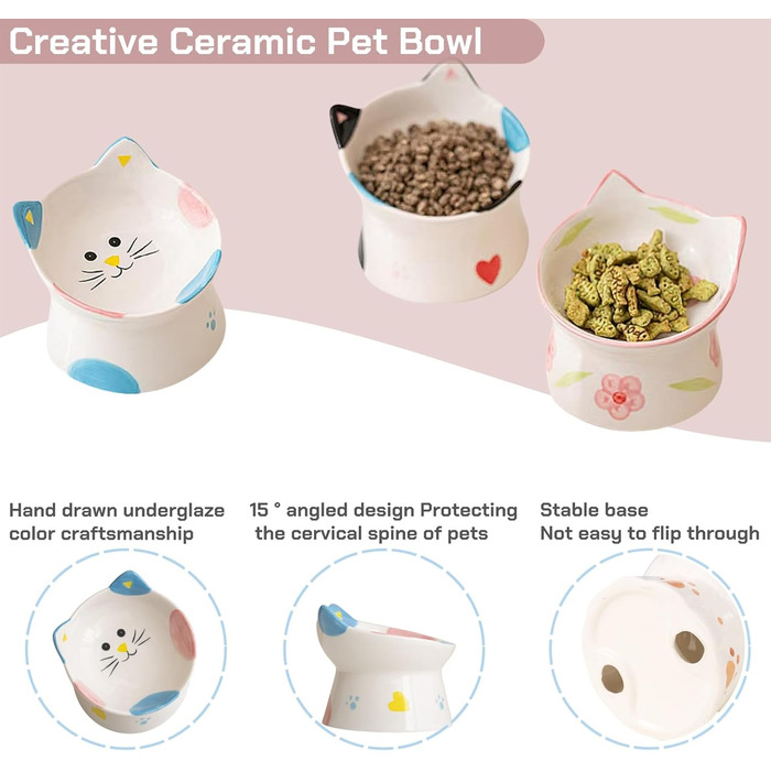 Керамічний годівник для котів з підставкою, нахилений на 15°, захист шиї, чорний/білий