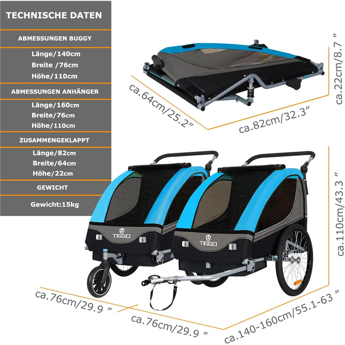 Причіп для дитячої коляски Tiggo S2 з підвіскою, 2-в-1, для бігу та велосипеда, причіп-трансформер, поворот на 360°, блакитний