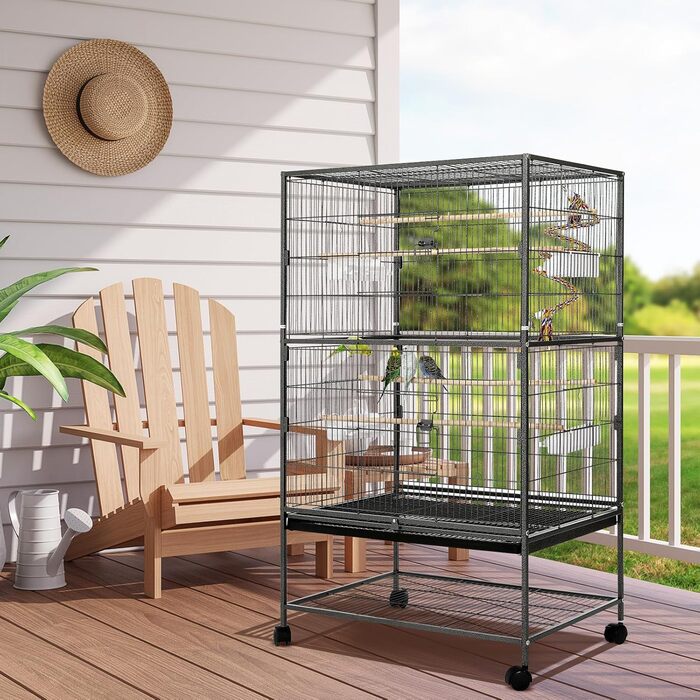 Клітка для птахів велика, металева, на 4 колесах, для хвилястих попугаїв з годівницею, іграшками, гойдалкою, 2 дверцятами, 4 дерев'яними перекладинами, 132 x 78 x 52 см
