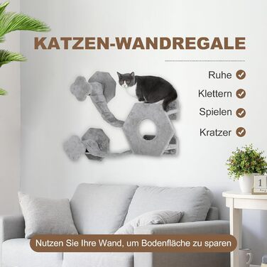 PawHut настінний комплекс для котів, лежак, сходи, будиночок, турнікет, іграшка, платформа, до 5 кг, світло-сірий