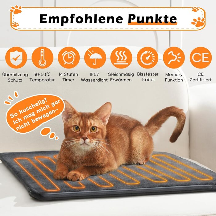 Килимок гріючий для тварин 45x45 см – підігрівальний килимок для собак та котів, 30–60°C, таймер 14 год, захист від перегріву, міцний кабель 1,8 м, 2 знімні чохли, регулювання температури