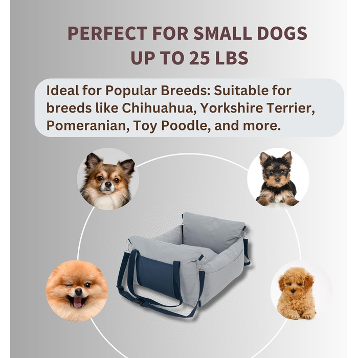Автокрісло для собак - переноска для маленьких собак до 11,3 кг, водовідштовхувальне, з ременем безпеки, сірого кольору