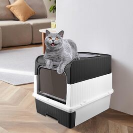 Туалет для котів з кришкою та лопаткою, висувний лоток, захист від протікань, 2 входи, 49x37x35 см, чорний