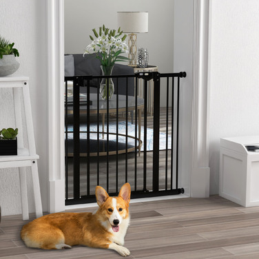 PawHut Door Gate Guard, Шлагбаум, 74-87 см, Сходові ворота для домашньої тварини, Ворота для собаки в т.ч. різні надставки, Захисні ворота без свердління, Метал, Пластик, Чорний | Аосом