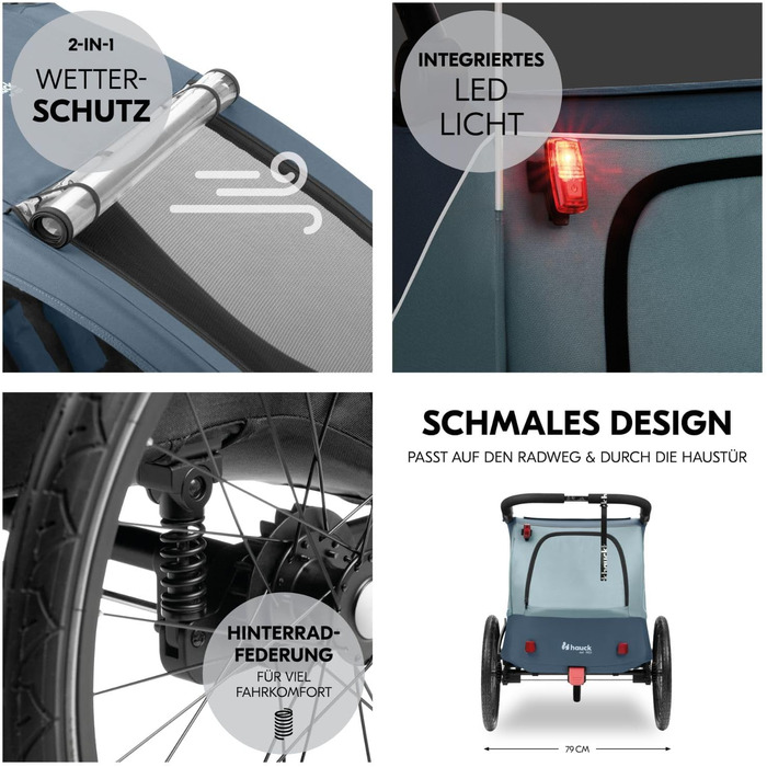 Фahrра-причіп Hauck Dryk Duo Plus Set для 2 дітей з люлькою, тентом та дощем. Складається, з підвіскою та функцією коляски, темно-синій