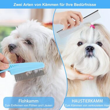 Набір для грумінгу собак та котів (9 предметів) - щітка для самостійного очищення, гребінець для видалення ковтунів, триммер для нігтів з напилком, гребінець від бліх, рукавичка для миття - професійний набір для догляду за шерстю (синій)