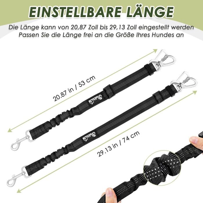 Ремінь безпеки для собак SlowTon, 2 шт. - Автомобільний поводок з регулюванням, еластичний амортизатор, міцний нейлон, світловідбиваючий ремінь безпеки для тварин (чорний)