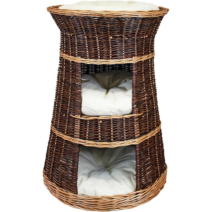 Корзина для котів для сну - котяча хатинка для дому - розмір 43 x 49 x 70 см, кругла - котяча печера з лози, трирівневе ліжко для собак або котів з пральним подушками в кольорі слонова кістка - лакована корзина з бежевими подушками