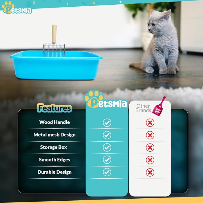 Велика лопатка для котячого туалету з нержавіючої сталі PetsMia, знімне дно, ергономічна ручка, преміум-якість, для легкого очищення та довговічного використання