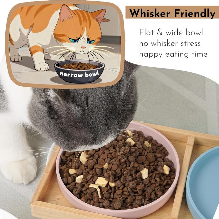 Підвищена годівниця для котів JAZUIHA з 2 широкими мисками, станція для годування з дерев'яною підставкою та силіконовою мискою, діаметр 18 см