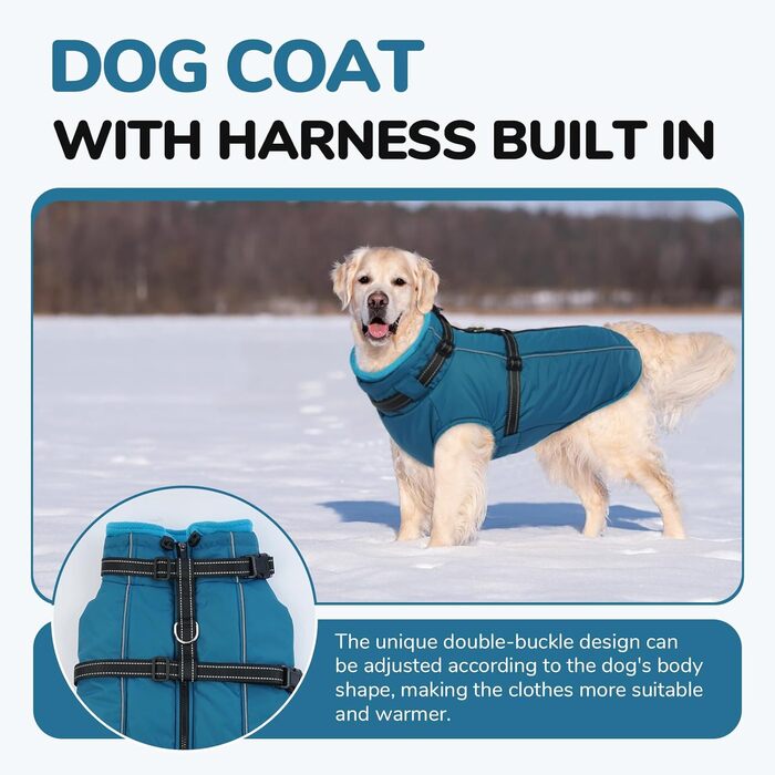 Теплий зимовий одяг для собак Lelepet: куртка з інтегрованим шлейкою, вітронепроникна, з флісовою підкладкою, світловідбиваюча, синій, розмір M
